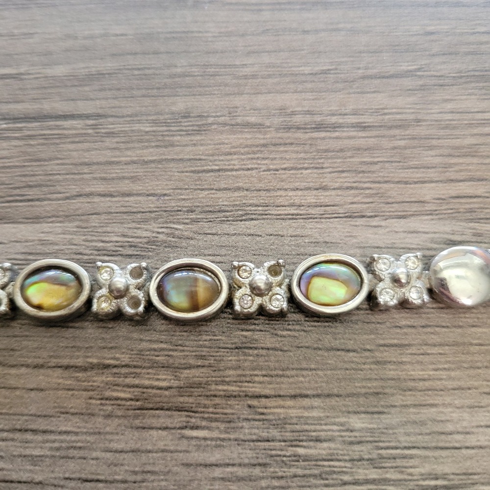 Silver Tone Abalone Shell Rhinestone Link Bracelet Fold Over Clasp 7.25 Inch